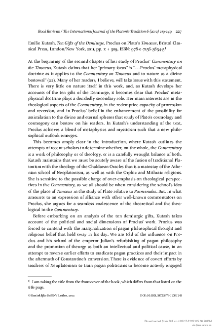 (PDF) Emilie Kutash, Ten Gifts of the Demiurge. Proclus on Plato’s ...