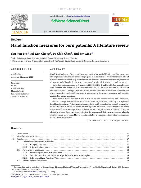 (PDF) Hand function measures for burn patients: A literature review