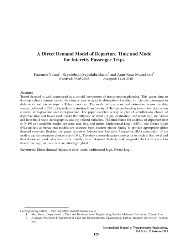 (PDF) A Direct Demand Model of Departure Time and Mode for Intercity ...