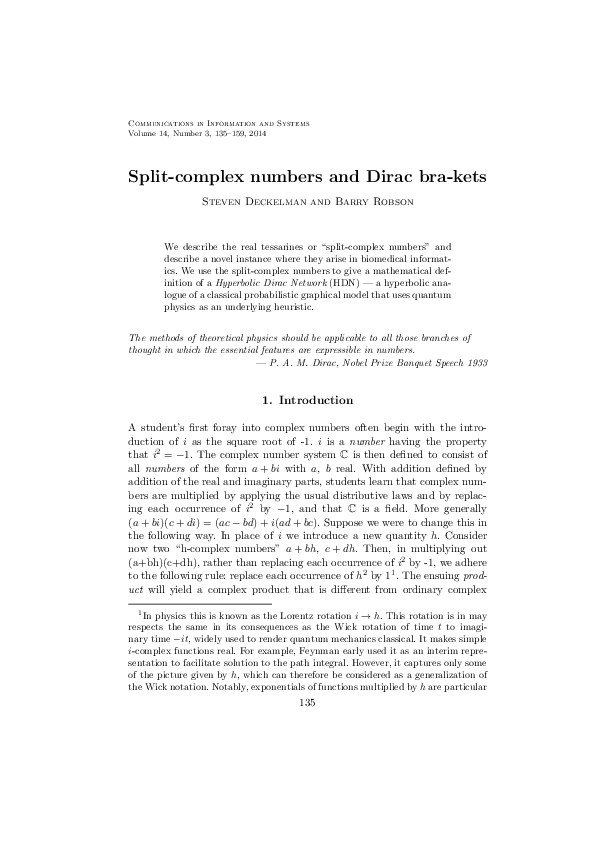 (PDF) Split-complex numbers and Dirac bra-kets