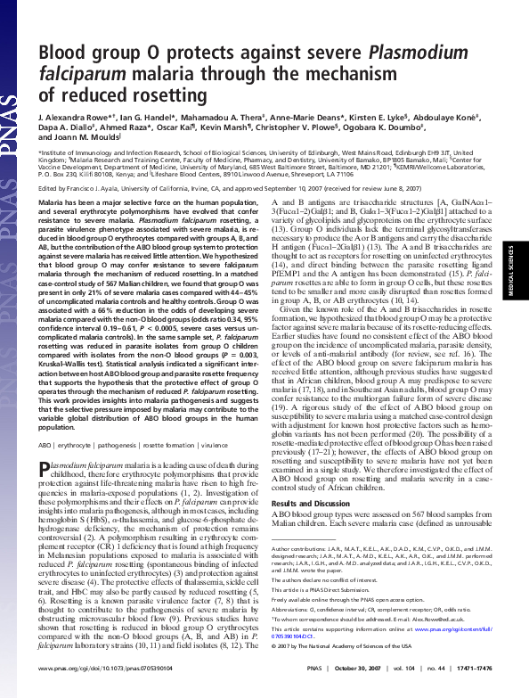 (PDF) Blood group O protects against severe Plasmodium falciparum ...