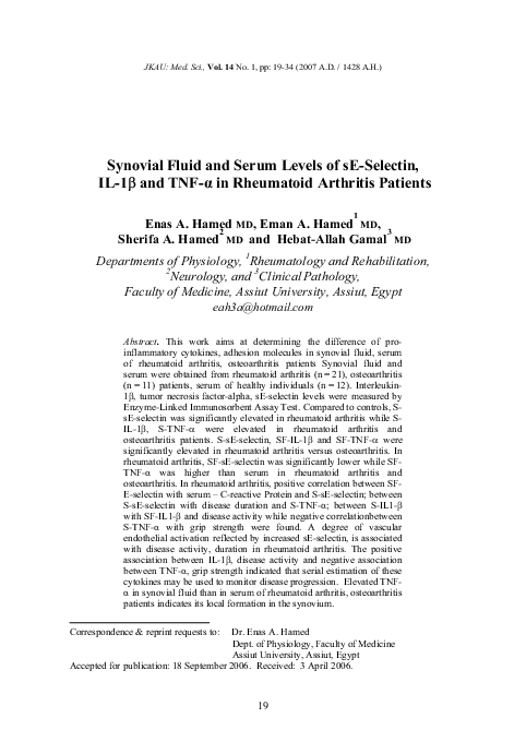 (PDF) Synovial Fluid and Serum Levels of sE-Selectin, IL-1? and TNF ...