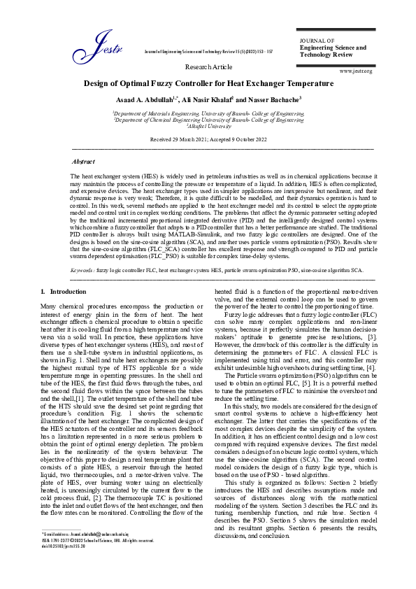 (PDF) Design of Optimal Fuzzy Controller for Heat Exchanger Temperature