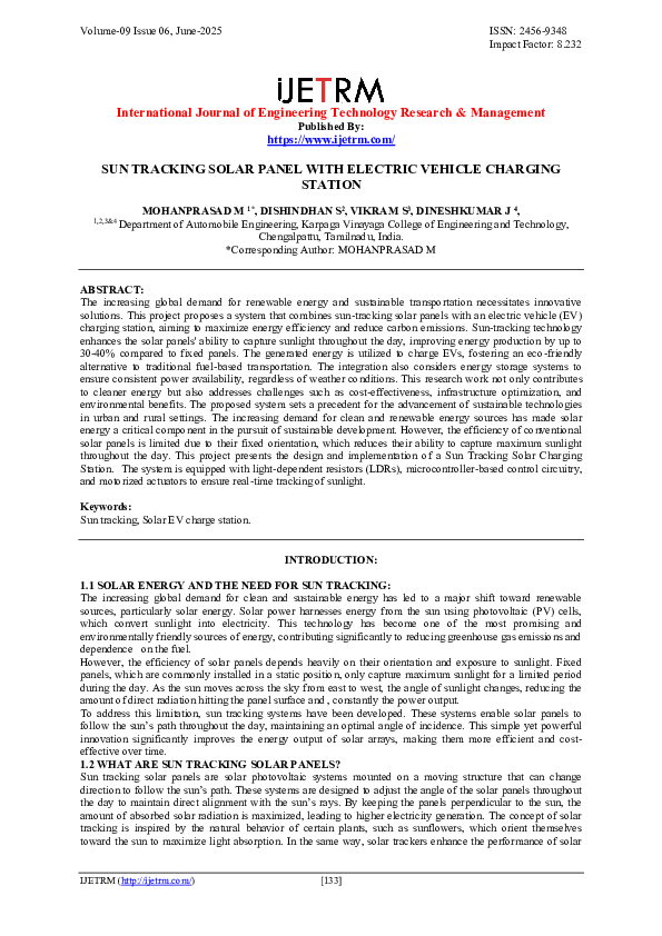 (PDF) SUN TRACKING SOLAR PANEL WITH ELECTRIC VEHICLE CHARGING STATION