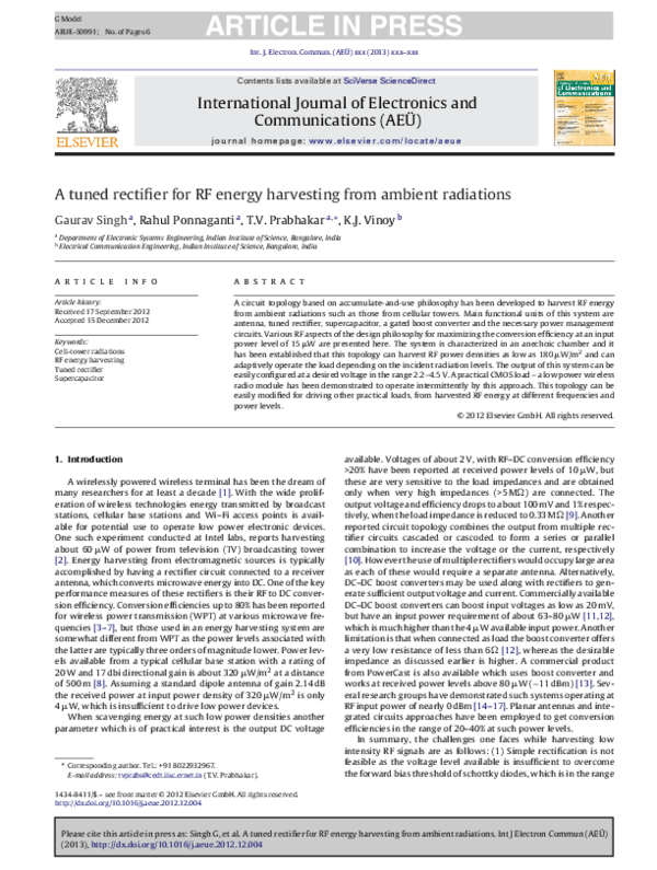 (PDF) A tuned rectifier for RF energy harvesting from ambient radiations