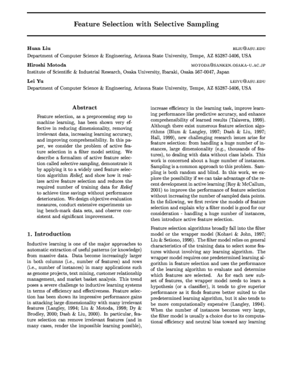(PDF) Feature selection with selective sampling