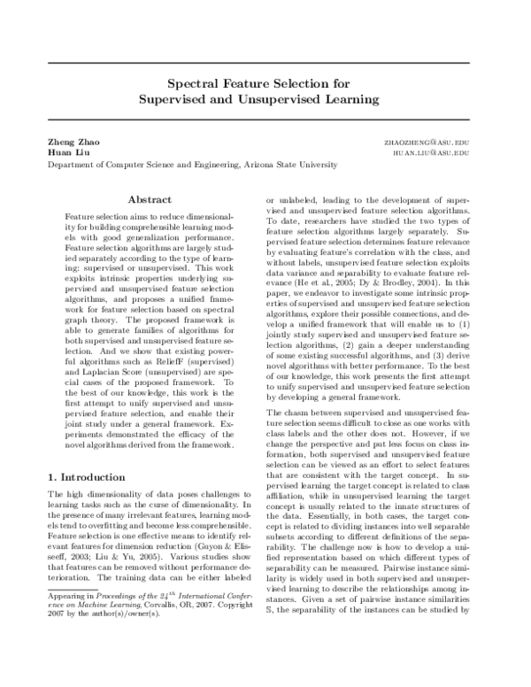(PDF) Spectral feature selection for supervised and unsupervised learning