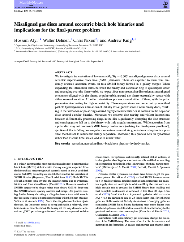 (PDF) Misaligned gas discs around eccentric black hole binaries and ...