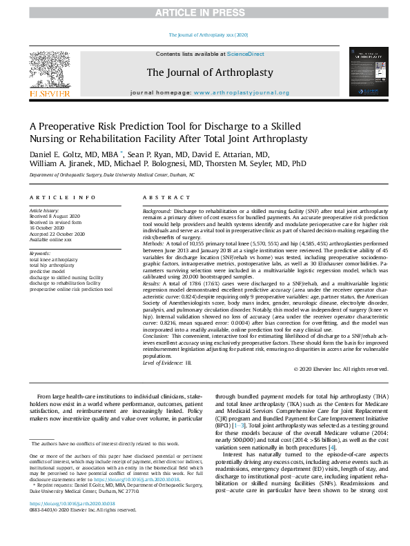 (PDF) A Preoperative Risk Prediction Tool for Discharge to a Skilled ...