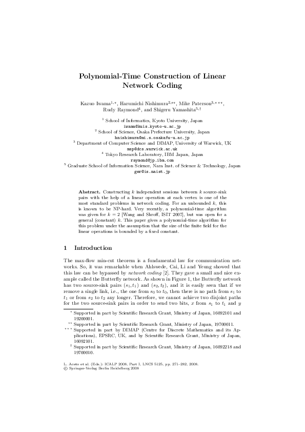 (PDF) Polynomial-Time Construction of Linear Network Coding
