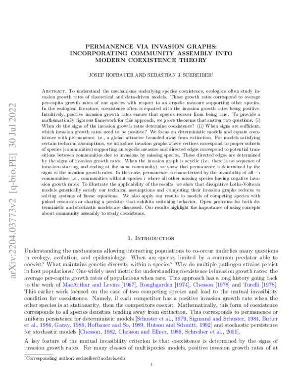 (PDF) Permanence via invasion graphs: Incorporating community assembly ...