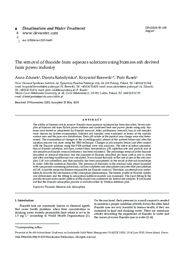 (PDF) The removal of fluoride from aqueous solutions using biomass ash ...