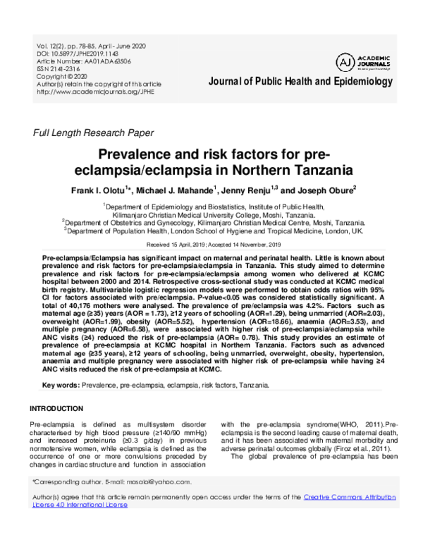 (PDF) Prevalence and risk factors for pre-eclampsia/eclampsia in ...