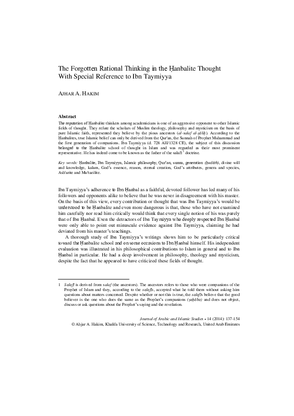 (PDF) The Forgotten Rational Thinking in the Ḥanbalite Thought With ...