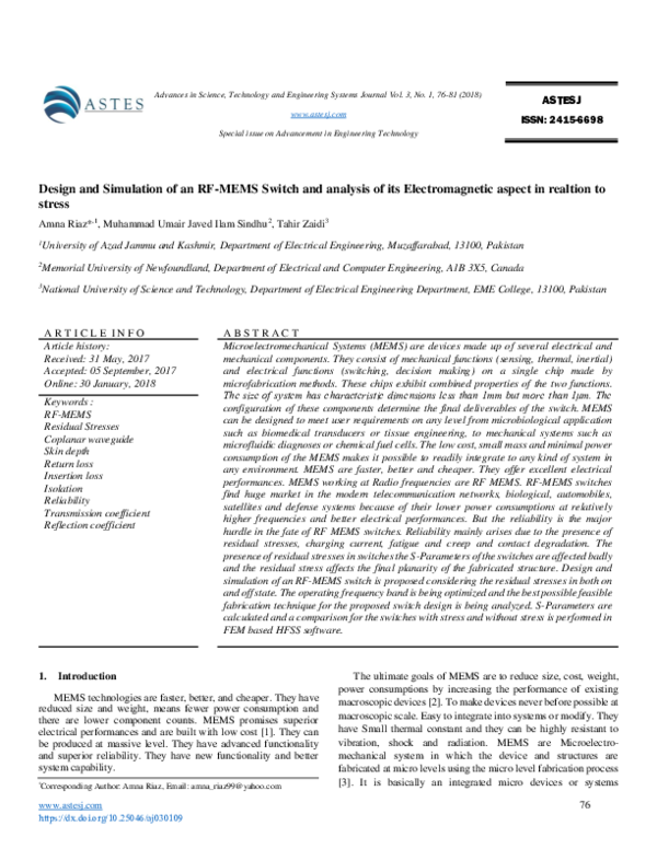 (PDF) Design and Simulation of an RF-MEMS Switch and analysis of its ...