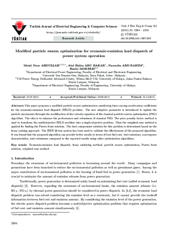 (PDF) Modified particle swarm optimization for economic-emission load ...