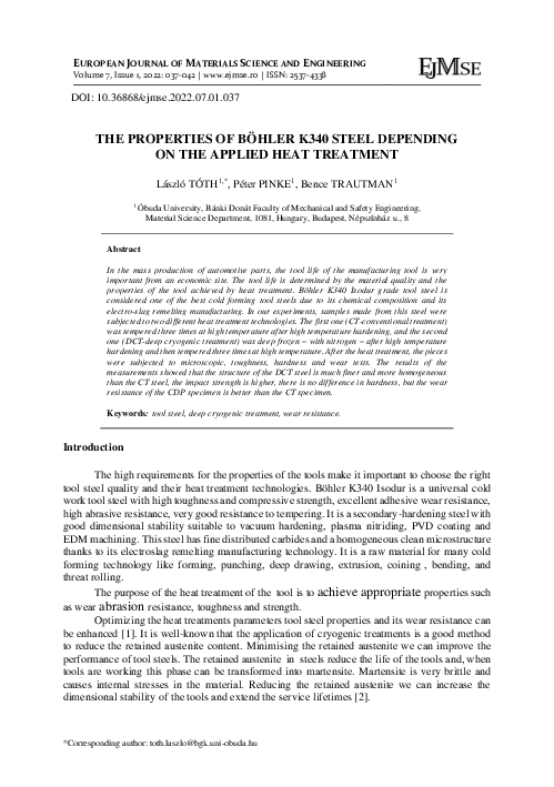 (PDF) The Properties of Böhler K340 Steel Depending on the Applied Heat ...