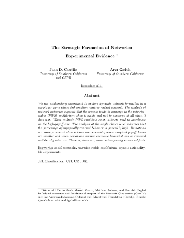 (PDF) The Strategic Formation of Networks: Experimental Evidence