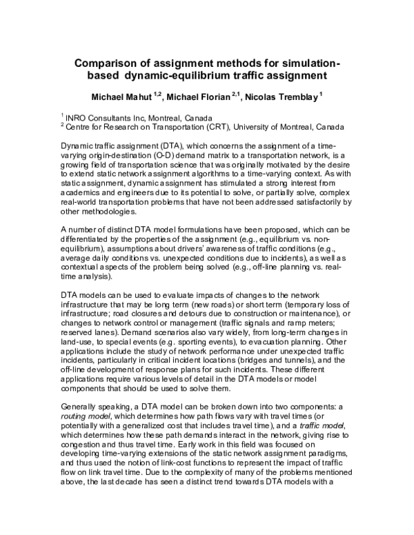 (PDF) Comparison of Assignment Methods for Simulation-Based Dynamic ...