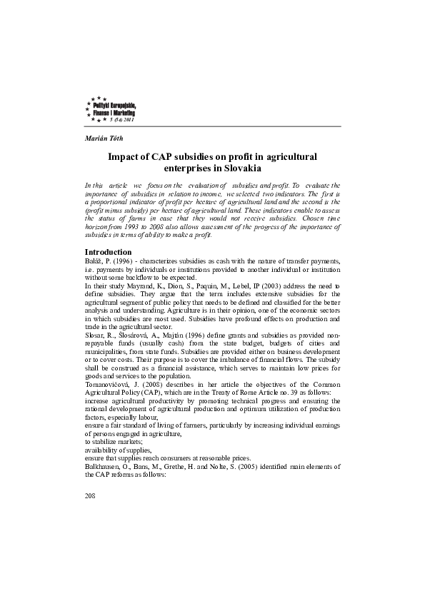(PDF) Impact of CAP subsidies on profit in agricultural enterprises in ...
