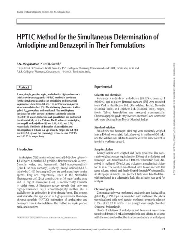 (PDF) HPTLC Method for the Simultaneous Determination of Amlodipine and ...