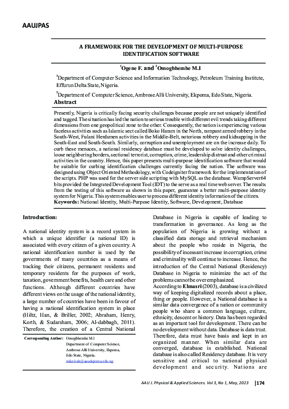 (PDF) A FRAMEWORK FOR THE DEVELOPMENT OF MULTI-PURPOSE IDENTIFICATION ...