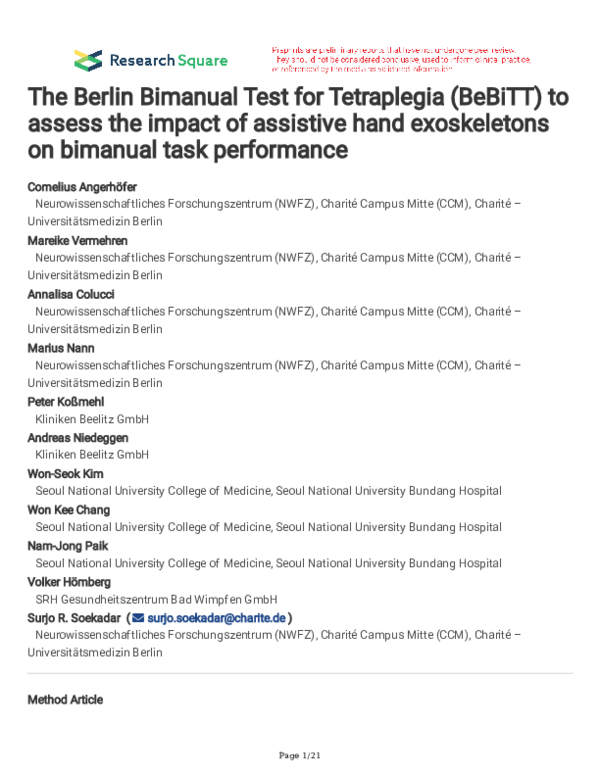 (PDF) The Berlin Bimanual Test for Tetraplegia (BeBiTT) to assess the ...