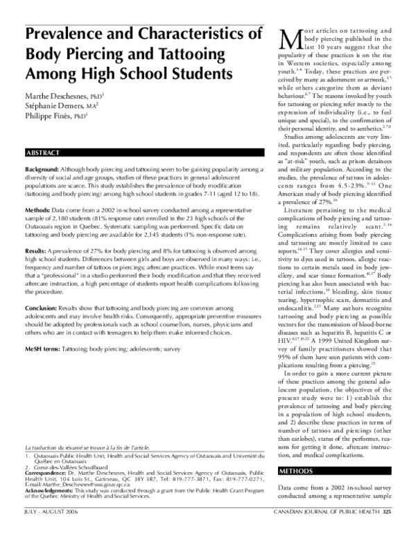 (PDF) Prevalence and Characteristics of Body Piercing and Tattooing ...