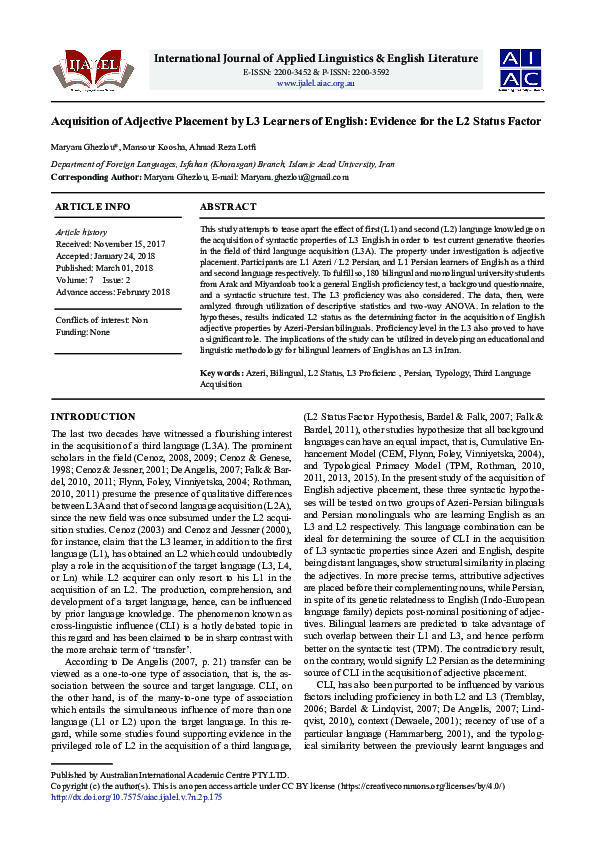 (PDF) Acquisition of Adjective Placement by L3 Learners of English ...