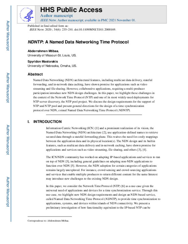 (PDF) NDNTP: A Named Data Networking Time Protocol