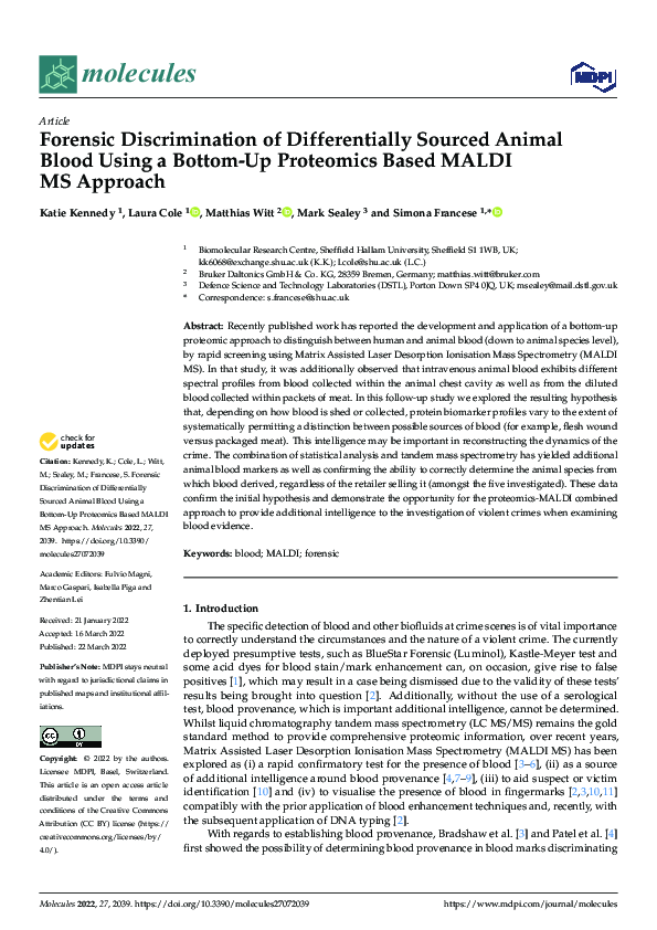 (PDF) Forensic Discrimination of Differentially Sourced Animal Blood ...