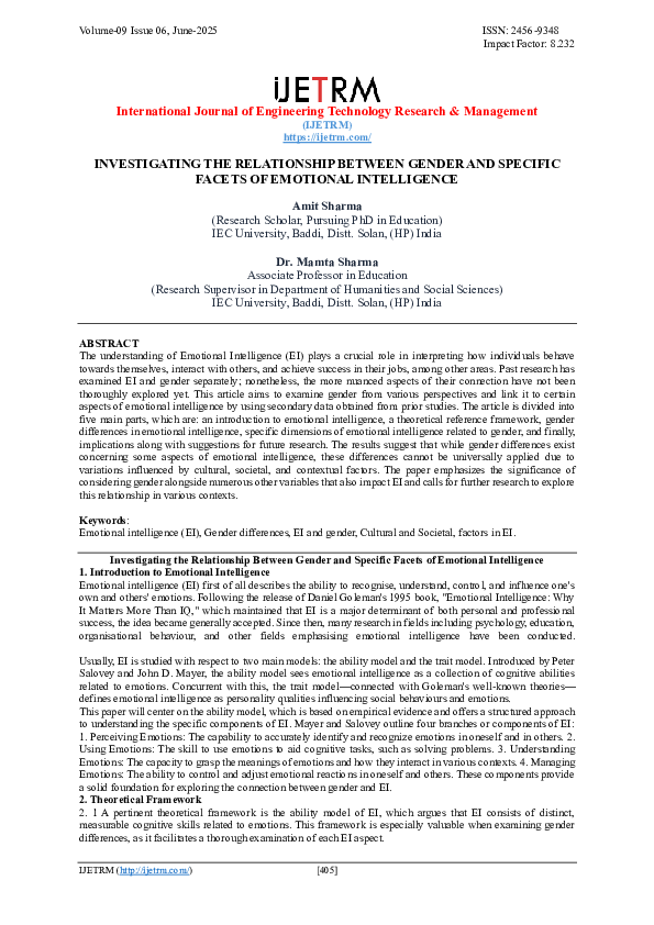 (PDF) INVESTIGATING THE RELATIONSHIP BETWEEN GENDER AND SPECIFIC FACETS ...
