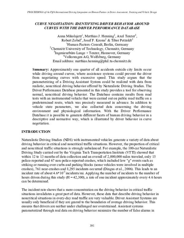(PDF) Curve Negotiation: Identifying Driver Behavior Around Curves with ...
