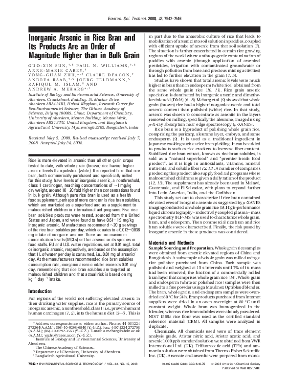 (PDF) Inorganic Arsenic in Rice Bran and Its Products Are an Order of ...