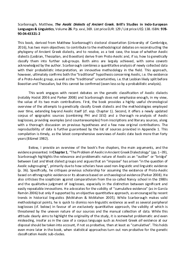 (PDF) Review in JIES 51.3-4 (2023). Matthew Scarborough. The Aeolic ...