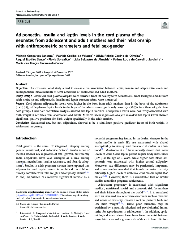 (PDF) Adiponectin, insulin and leptin levels in the cord plasma of the ...