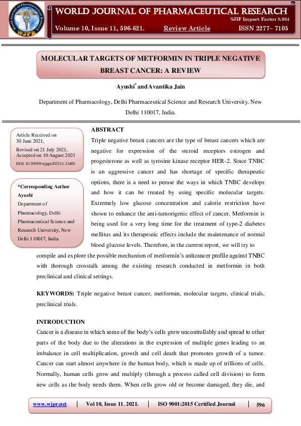 (PDF) MOLECULAR TARGETS OF METFORMIN IN TRIPLE NEGATIVE BREAST CANCER ...