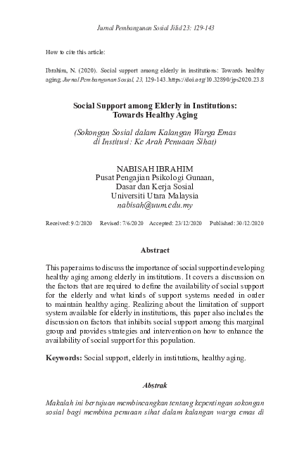 (PDF) Social Support among Elderly in Institutions: Towards Healthy ...