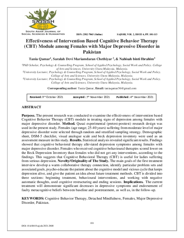 (PDF) Effectiveness of Intervention Based Cognitive Behavior Therapy ...