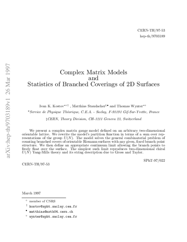 (PDF) Complex Matrix Models and Statistics of Branched Coverings of 2D ...
