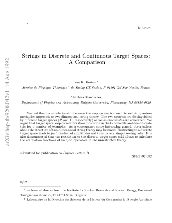 (PDF) Strings in discrete and continuous target spaces. A comparison