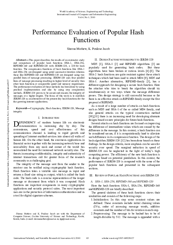 (PDF) Performance Evaluation of Popular Hash Functions