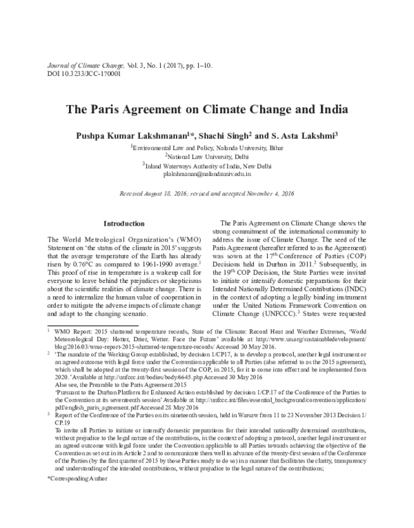 (PDF) The Paris Agreement on Climate Change and India