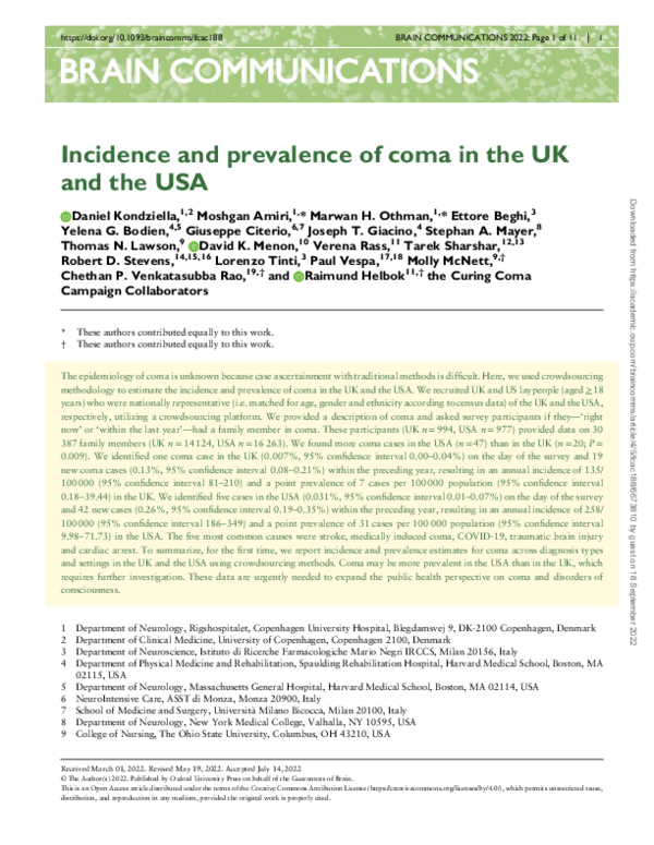 (PDF) Incidence and prevalence of coma in the UK and the USA