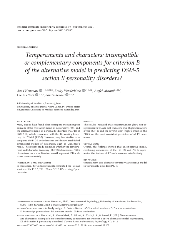 (PDF) Temperaments and characters: incompatible or complementary ...