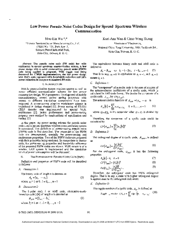 (PDF) Low power pseudo noise codec design for spread spectrum wireless ...