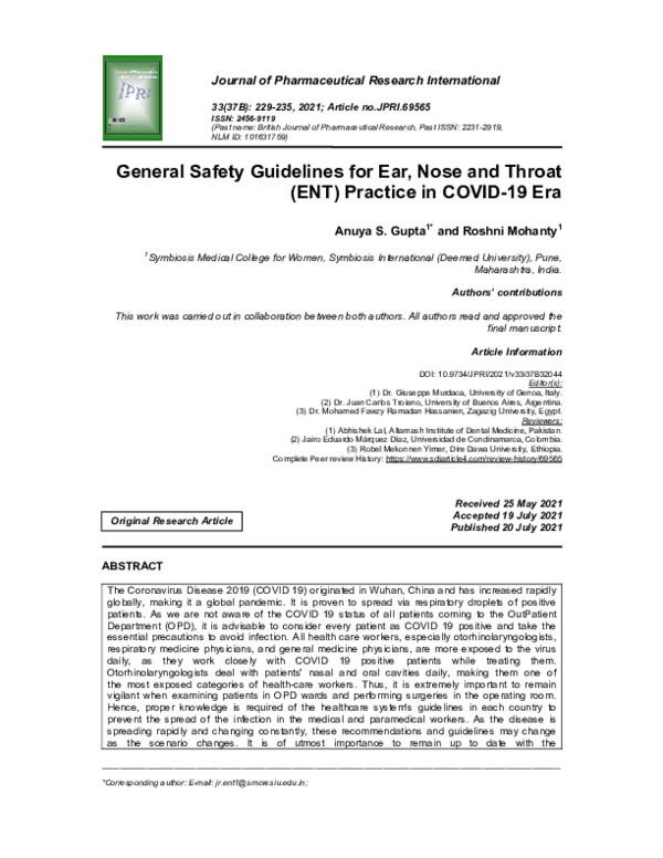 (PDF) General Safety Guidelines for Ear, Nose and Throat (ENT) Practice ...
