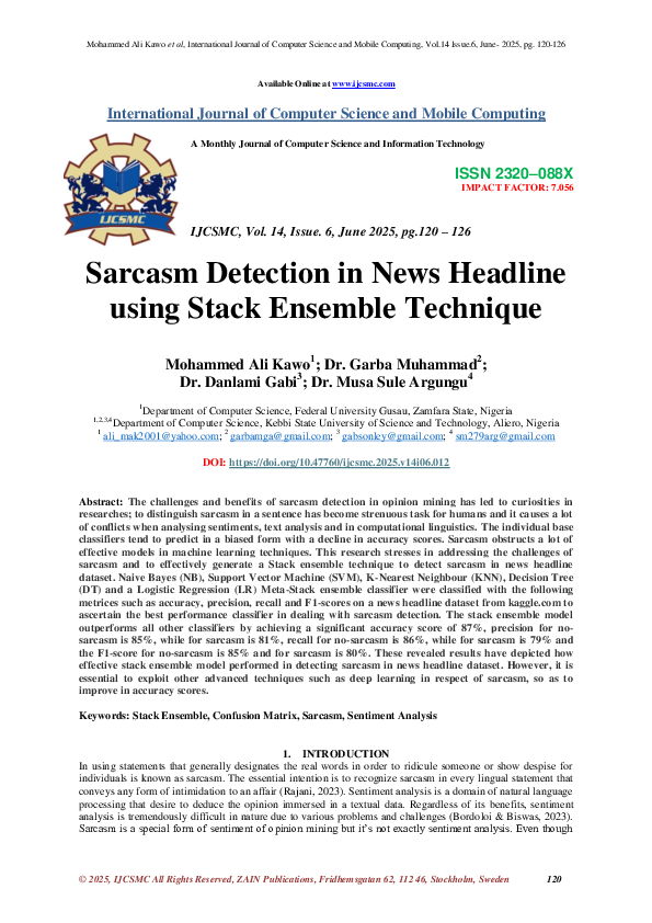 (PDF) Sarcasm Detection in News Headline using Stack Ensemble Technique
