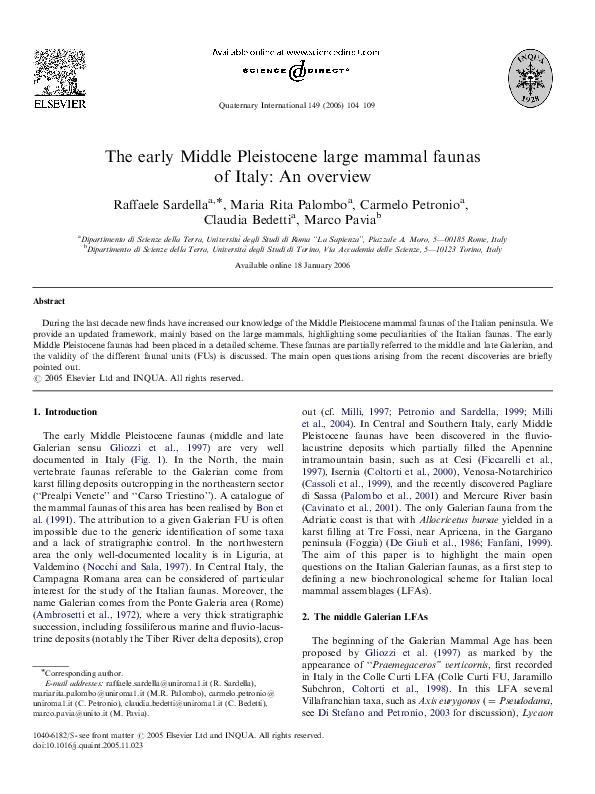 (PDF) The early Middle Pleistocene large mammal faunas of Italy: An ...