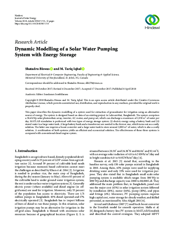 (PDF) Dynamic Modelling of a Solar Water Pumping System with Energy Storage